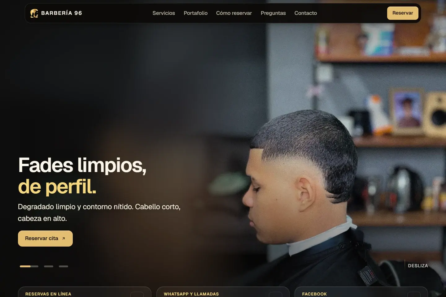 Portada de Barbería 96 con un corte degradado, el título Fades limpios, de perfil y el botón Reservar cita.