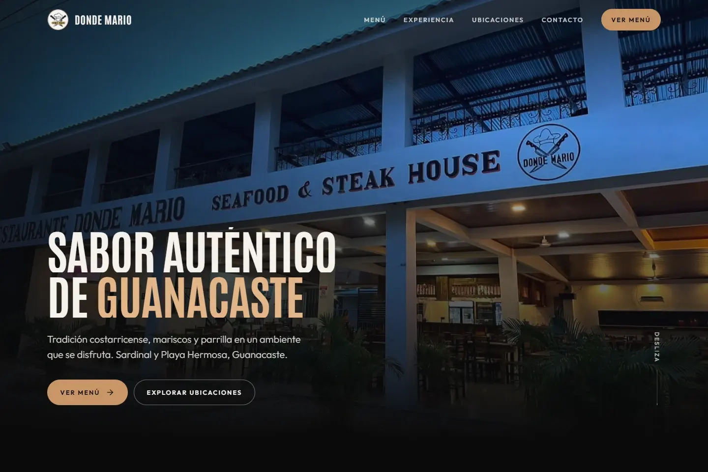 Portada de Donde Mario con la fachada del restaurante y el título Sabor auténtico de Guanacaste.